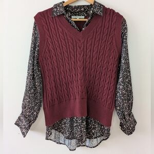 XS Cleo Petite Burgundy Cable Knit Vest with Floral Blouse